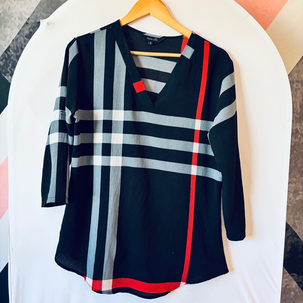 Amaryllis Black and Gray Striped Blouse with Red Accent